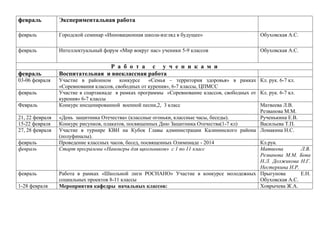 февраль

Экспериментальная работа

февраль

Городской семинар «Инновационная школа-взгляд в будущее»

Обуховская А.С.

февраль

Интеллектуальный форум «Мир вокруг нас» ученики 5-9 классов

Обуховская А.С.

февраль

Р а б о т а с у ч е н и к а м и
Воспитательная и внеклассная работа

03-06 февраля
февраль
Февраль
21, 22 февраля
15-22 февраля
27, 28 февраля
февраль
февраль

февраль
1-28 февраля

Участие в районном
конкурсе
«Семья – территория здоровья» в рамках Кл. рук. 6-7 кл.
«Соревнования классов, свободных от курения», 6-7 классы, ЦПМСС
Участие в спартакиаде в рамках программы «Соревнование классов, свободных от Кл. рук. 6-7 кл.
курения» 6-7 классы
Конкурс инсценированной военной песни,2, 3 класс
Матвеева Л.В.
Резванова М.М.
«День защитника Отечества» (классные огоньки, классные часы, беседы).
Рученькина Е.В.
Конкурс рисунков, плакатов, посвященных Дню Защитника Отечества(1-7 кл)
Васильева Т.П.
Участие в турнире КВН на Кубок Главы администрации Калининского района Ломакина Н.С.
(полуфиналы).
Проведение классных часов, бесед, посвященных Олимпиаде - 2014
Кл.рук.
Старт программы «Наноигры для щкольников» с 1 по 11 класс
Матвеева
Л.В.
Резванова М.М. Бова
Н.Л. Должикова Н.Г.
Нестеркина Н.Р.
Работа в рамках «Школьной лиги РОСНАНО» Участие в конкурсе молодежных Прыгунова
Е.Н.
социальных проектов 8-11 классы
Обуховская А.С.
Ховрычева Ж.А.
Мероприятия кафедры начальных классов:

 
