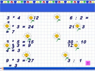 3 * 4   = 12   6 : 2 =
3
8 * 3 = 24     21 : 3
= 7

3   * 5 = 15   30 : 10
3
=   3 3 = 9
    *          12 :
4   = 3

9 * 3 = 27     3 :   1
 = 3
 