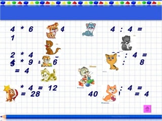 4 * 6    = 24        4 : 4 =
 1

 2 * 4   = 8          20 : 4 =
 4 * 9 = 36
 5                   32 :    8
   = 4

   3 * 4 = 12        16 : 4 =
* 44 = 28        40 : 10    = 4
 