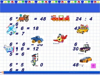 6   * 8   = 48    24 : 4
=   6
3   * 6 = 18     42 :
6   = 7

6   * 6 = 36     6 : 6
2
=   1 6 = 12
    *            30 :
5   = 6

6 * 5    = 30    48 :
6 = 8
 