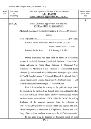 Pg. 1
Schedule XLII---High Court (J) 9a [Old (M) 164.]
Serial
No.
Date order
of
proceeding
Order with signature of the court of ADJ-III, Dhanbad
S.T. - 15/2021
(Misc. Criminal Application No.-136/2021)
Office notice
taken with
date
1 2 3 4
13.01.2021 Misc. Criminal Application No.-136/2021
CNR No. JHDH01-000358-2021
Abdullah Sudiana @ Abdulloh Sudiana & Ors.........Petitioners
Versus
State of Jharkhand.........................................................Opp. Party
Counsel for the petitioners: Anwar Hussain, Ld. Adv.
Sahbaz Abdul Malik, Ld. Adv.
Counsel for the State : P.P. Pandey, Ld. APP
Online attendance has been filed on behalf of the accused
persons 1. Abdullah Sudiana @ Abdulloh Sudiana 2. Nasruddin 3.
Satria Adiputra @ Satria Bayu Adiputra 4. Muhamad Yusf
Inskandar @ Muhamad Yusuf Iskandar 5. Muhammad Risky
Hidayah @ Muhammad Rizky Hidayah 6. Taufique Sagla Lababa
@ Taufik Sagala Lababa 7. Akhmadh Hamzah 8. Ahmad Onte 9.
Undag Superman @ Undang Suparman 10. Andhika Fahmi 11. Md.
Jaffar Islamuddin Munsi Ishaque 12. Masood Khan.
Case is fixed today for hearing on the point of charge but in
the mean time the petition filed through drop box and registered as
MCA No.-136/2021 filed on behalf of above name accused persons
has been placed on record u/s 227 r/w 228 of the Cr.P.C. for making
discharge of the accused persons from the offences u/s
175/176/188/269/270/271 r/w section 34 IPC and Section 14B/14C/
13 for Foreigners Act and section 3 of Epidemic Diseases Act 1897.
Copy of this petition has been served upon the ld. Public prosecutor.
In this case there is direction of Supreme Court of India
 