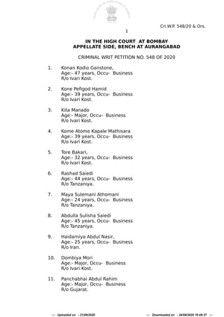 Cri.W.P. 548/20 & Ors.
1
IN THE HIGH COURT AT BOMBAY
APPELLATE SIDE, BENCH AT AURANGABAD
CRIMINAL WRIT PETITION NO. 548 OF...