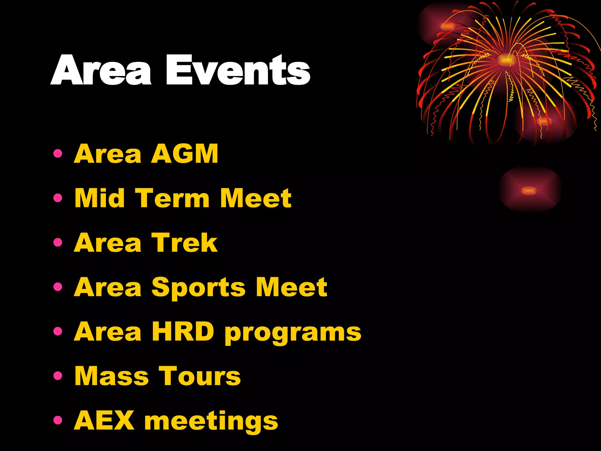 Area Events Area AGM Mid Term Meet Area Trek Area Sports Meet Area HRD programs Mass Tours AEX meetings 