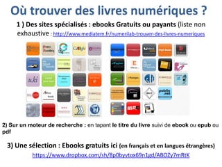 Où trouver des livres numériques ?
1 ) Des sites spécialisés : ebooks Gratuits ou payants (liste non
exhaustive : http://www.mediatem.fr/numerilab-trouver-des-livres-numeriques

2) Sur un moteur de recherche : en tapant le titre du livre suivi de ebook ou epub ou
pdf

3) Une sélection : Ebooks gratuits ici (en français et en langues étrangères)
https://www.dropbox.com/sh/8p0byvtox69n1gd/ABOZy7mRtK

 