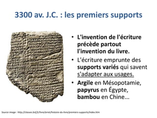 3300 av. J.C. : les premiers supports
• L'invention de l'écriture
précède partout
l'invention du livre.
• L'écriture emprunte des
supports variés qui savent
s'adapter aux usages.
• Argile en Mésopotamie,
papyrus en Égypte,
bambou en Chine...
Source image : http://classes.bnf.fr/livre/arret/histoire-du-livre/premiers-supports/index.htm

 