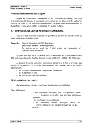 Résumé de Théorie et
                                                                        Titre du module
Guide de travaux pratique


b/ l’ordre d’établissement des budgets :

       Malgré les observations précédentes sur les contraintes techniques, c’est dans
la grande majorité des cas la contrainte commerciale qui est déterminante, surtout en
période de crise ou de difficultés économiques. On parle donc essentiellement du
budget des ventes, pour établir, en cascade, les autres budgets.

S.I : DU BUDGET DES VENTES AU BUDGET COMMERCIAL :

       On passe des quantités à vendre aux quantités à produire en tenant compte du
stock initial de produits fabriqués.

Exemple :     Objectif de ventes : 60 000 Bicyclettes.
              Stock initial existant : 8 000 bicyclettes.
              On estime qu’un stock de 2 000 unités est nécessaire et
              suffisant en fin d’exercice.

      On peut donc réduire le stock de 8 000 à 2 000 unités est, d’où l’utilisation de 6
000 unités pour la vente, il suffira donc de produire (60.000 – 6 000) = 54 000 unités.

      Le budget de vente ou budget commercial concerne à la fois la prévision des
ventes et la prévision du coût de fonctionnement des services liés à la fonction
commerciale.
      - La prévision des ventes ou programmes des ventes
      - Le budget des ventes.
      - Le budget des frais commerciaux

SI.1) La prévision des ventes :

       Dans la pratique, plusieurs méthodes de prévisions sont utilisées.

Nous distinguons :
                             - les méthodes reposant sur l’extrapolation d’une
                                       tendance en fonction des données statistiques
                             passées.
                             - les méthodes économétriques.
                             - les méthodes utilisant, l’analyse directe du
                                  marché et la prise en compte du cycle de vie du
                            produit




OFPPT/DRIF                                                                         20
 