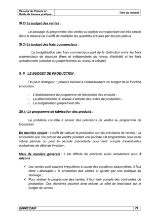 Résumé de Théorie et
                                                                        Titre du module
Guide de travaux pratique


SI.2) Le budget des ventes :

       Le passage du programme des ventes au budget correspondant est très simple
dans la mesure où il suffit de multiplier les quantités prévues par les prix prévus.

SI.3) Le budget des frais commerciaux :

         La budgétisation des frais commerciaux part de la distinction entre les frais
commerciaux de structure (fixes et indépendants du niveau d’activité) et les frais
opérationnels (variable ou proportionnels au niveau d’activité)



S. II : LE BUDGET DE PRODUCTION :

      On peut distinguer 3 phases menant à l’établissement du budget de la fonction
production :

       -   L’établissement du programme de fabrication des produits ;
       -   La détermination du niveau d’activité des unités de production ;
       -   La budgétisation proprement dite.

SII.1) Le programme de fabrication des produits :

       Le problème consiste à passer des prévisions de ventes au programme de
fabrication.

De manière simple : il suffit de calquer la production sur les prévisions de ventes : La
production que l’on prévoit de vendre pendant une période est programmée pour cette
même période ou pour la période précédente pour tenir compte d’éventuelles
contraintes de délai de livraison ;

Mais de manière générale : il est difficile de procéder aussi simplement pour 2
raisons :

    Les ventes sont souvent irrégulières à cause des variations saisonnières, il faut
     donc « découpler » le production des ventes et ajuster par une politique de
     stockage ;
    Pour réaliser le programme des ventes, il faut tenir compte des contraintes de
     production. Ces dernières peuvent ainsi induire un effet de feed-back sur le
     budget de ventes.




OFPPT/DRIF                                                                         21
 