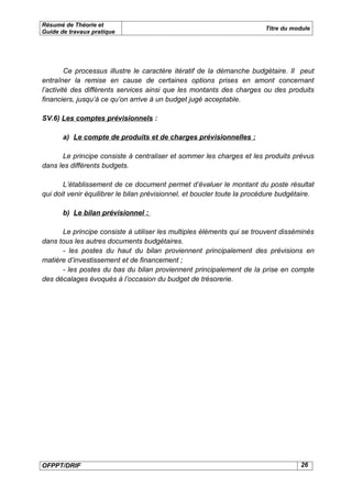 Résumé de Théorie et
                                                                         Titre du module
Guide de travaux pratique




         Ce processus illustre le caractère itératif de la démanche budgétaire. Il peut
entraîner la remise en cause de certaines options prises en amont concernant
l’activité des différents services ainsi que les montants des charges ou des produits
financiers, jusqu’à ce qu’on arrive à un budget jugé acceptable.

SV.6) Les comptes prévisionnels :

       a) Le compte de produits et de charges prévisionnelles :

      Le principe consiste à centraliser et sommer les charges et les produits prévus
dans les différents budgets.

       L’établissement de ce document permet d’évaluer le montant du poste résultat
qui doit venir équilibrer le bilan prévisionnel, et boucler toute la procédure budgétaire.

       b) Le bilan prévisionnel :

      Le principe consiste à utiliser les multiples éléments qui se trouvent disséminés
dans tous les autres documents budgétaires.
      - les postes du haut du bilan proviennent principalement des prévisions en
matière d’investissement et de financement ;
      - les postes du bas du bilan proviennent principalement de la prise en compte
des décalages évoqués à l’occasion du budget de trésorerie.




OFPPT/DRIF                                                                           26
 