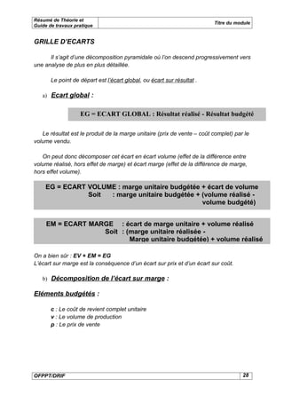 Résumé de Théorie et
                                                                         Titre du module
Guide de travaux pratique


GRILLE D’ECARTS

      Il s’agit d’une décomposition pyramidale où l’on descend progressivement vers
une analyse de plus en plus détaillée.

       Le point de départ est l’écart global, ou écart sur résultat .

   a) Ecart global :


                   EG = ECART GLOBAL : Résultat réalisé - Résultat budgété

   Le résultat est le produit de la marge unitaire (prix de vente – coût complet) par le
volume vendu.

   On peut donc décomposer cet écart en écart volume (effet de la différence entre
volume réalisé, hors effet de marge) et écart marge (effet de la différence de marge,
hors effet volume).

     EG = ECART VOLUME : marge unitaire budgétée + écart de volume
                Soit : marge unitaire budgétée + (volume réalisé -
                                                 volume budgété)


     EM = ECART MARGE : écart de marge unitaire + volume réalisé
                   Soit : (marge unitaire réalisée -
                           Marge unitaire budgétée) + volume réalisé

On a bien sûr : EV + EM = EG
L’écart sur marge est la conséquence d’un écart sur prix et d’un écart sur coût.

   b) Décomposition de l’écart sur marge :

Eléments budgétés :

       c : Le coût de revient complet unitaire
       v : Le volume de production
       p : Le prix de vente




OFPPT/DRIF                                                                           28
 