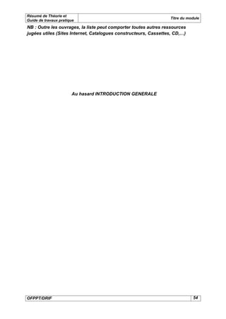 Résumé de Théorie et
                                                                 Titre du module
Guide de travaux pratique
NB : Outre les ouvrages, la liste peut comporter toutes autres ressources
jugées utiles (Sites Internet, Catalogues constructeurs, Cassettes, CD,…)




                       Au hasard INTRODUCTION GENERALE




OFPPT/DRIF                                                                  54
 