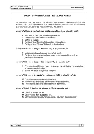 Résumé de Théorie et
                                                                         Titre du module
Guide de travaux pratique



                  OBJECTIFS OPERATIONNELS DE SECOND NIVEAU


      LE STAGIAIRE DOIT MAITRISER LES SAVOIRS, SAVOIR-FAIRE, SAVOIR-PERCEVOIR OU
      SAVOIR-ETRE JUGES PREALABLES AUX APPRENTISSAGES DIRECTEMENT REQUIS POUR
      L’ATTEINTE DE L’OBJECTIF DE PREMIER NIVEAU, TELS QUE :

      Avant d’utiliser la méthode des coûts préétablis, (A) le stagiaire doit :

             1.   Rappeler la méthode des coûts préétablis.
             2.   Rappeler les objectifs de la méthode.
             3.   Définir le budget.
             4.   Expliquer les objectifs d’élaboration des budgets.
             5.   Expliquer le schéma d’élaboration des budgets.

      Avant d’élaborer le budget de vente (B), le stagiaire doit :

             6. Insister sur l’importance du budget de vente..
             7. Expliquer les paramètres internes et externes conditionnant des
                prévisions des ventes.

      Avant d’élaborer le budget des charges(C), le stagiaire doit :

             8. Connaître les différents types de charges d’exploitation, de production
                et de commercialisation .
             9. Etablir des sous-budgets de charges.

      Avant d’élaborer le budget d’investissement (D), le stagiaire doit :

             10. Connaître les types d’investissement.
             11. Pratiquer les méthodes de choix des investissements.
             12. Présenter le tableau d’amortissement d’emprunt.

      Avant d’établir le budget de trésorerie (E), le stagiaire doit :

             13. Définir le budget de trie.
             14. Saisir l’utilité d’un budget de trie.
             15. Connaître les indicateurs nécessaires pour son établissement




OFPPT/DRIF                                                                           9
 