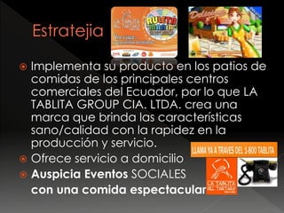  Implementa su producto en los patios de
comidas de los principales centros
comerciales del Ecuador, por lo que LA
TABLITA GROUP CIA. LTDA. crea una
marca que brinda las características
sano/calidad con la rapidez en la
producción y servicio.
 Ofrece servicio a domicilio
 Auspicia Eventos SOCIALES
con una comida espectacular
 