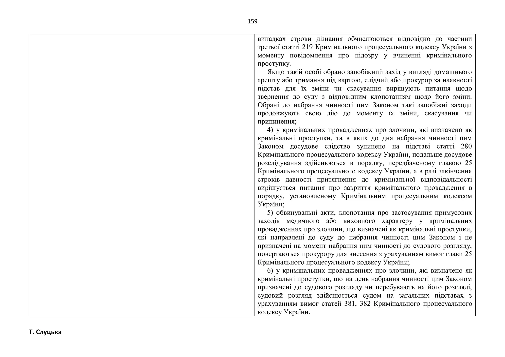 159
Т. Слуцька
випадках строки дізнання обчислюються відповідно до частини
третьої статті 219 Кримінального процесуального кодексу України з
моменту повідомлення про підозру у вчиненні кримінального
проступку.
Якщо такій особі обрано запобіжний захід у вигляді домашнього
арешту або тримання під вартою, слідчий або прокурор за наявності
підстав для їх зміни чи скасування вирішують питання щодо
звернення до суду з відповідним клопотанням щодо його зміни.
Обрані до набрання чинності цим Законом такі запобіжні заходи
продовжують свою дію до моменту їх зміни, скасування чи
припинення;
4) у кримінальних провадженнях про злочини, які визначено як
кримінальні проступки, та в яких до дня набрання чинності цим
Законом досудове слідство зупинено на підставі статті 280
Кримінального процесуального кодексу України, подальше досудове
розслідування здійснюється в порядку, передбаченому главою 25
Кримінального процесуального кодексу України, а в разі закінчення
строків давності притягнення до кримінальної відповідальності
вирішується питання про закриття кримінального провадження в
порядку, установленому Кримінальним процесуальним кодексом
України;
5) обвинувальні акти, клопотання про застосування примусових
заходів медичного або виховного характеру у кримінальних
провадженнях про злочини, що визначені як кримінальні проступки,
які направлені до суду до набрання чинності цим Законом і не
призначені на момент набрання ним чинності до судового розгляду,
повертаються прокурору для внесення з урахуванням вимог глави 25
Кримінального процесуального кодексу України;
6) у кримінальних провадженнях про злочини, які визначено як
кримінальні проступки, що на день набрання чинності цим Законом
призначені до судового розгляду чи перебувають на його розгляді,
судовий розгляд здійснюється судом на загальних підставах з
урахуванням вимог статей 381, 382 Кримінального процесуального
кодексу України.
 