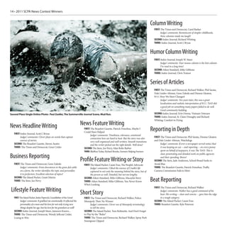 14 • 2011 SCPA News Contest Winners


                                                                                                                                              Column Writing
                                                                                                                                                FIRST: The Times and Democrat, Carol Barker
                                                                                                                                                      Judges’ comments: Reminiscent of simpler childhoods,
                                                                                                                                                      these columns made me laugh!
                                                                                                                                                SECOND: Index-Journal, Richard Whiting
                                                                                                                                                THIRD: Index-Journal, Scott J. Bryan


                                                                                                                                              Humor Column Writing
                                                                                                                                                FIRST: Index-Journal, Joseph W. Sitarz
                                                                                                                                                      Judges’ comments: Your mouse column is the best column
                                                                                                                                                      I’ve read in a long time!
                                                                                                                                                SECOND: Aiken Standard, Mike Gibbons
                                                                                                                                                THIRD: Index-Journal, Chris Trainor


                                                                                                                                              Series of Articles
                                                                                                                                                FIRST: The Times and Democrat, Richard Walker, Phil Sarata,
                                                                                                                                                Dale Linder-Altman, Gene Zaleski and Dionne Gleaton,
                                                                                                                                                9/11: How We Have Changed
                                                                                                                                                      Judges’ comments: Ten years later, this was a great
                                                                                                                                                      localization and realistic interpretation of 9/11. T&D did
                                                                                                                                                      a good job on something many papers failed to do well.
                                                                                                                                                      Good community building.
Second Place Single Online Photo: Paul Zoeller, The Summerville Journal Scene, Mud Run.                                                         SECOND: Index-Journal, Erin Owens, Vietnam Veterans
                                                                                                                                                THIRD: Index-Journal, St. Claire Donaghy and Richard
                                                                                                                                                Whiting, Comfort in Dying

News Headline Writing                                                    News Feature Writing
   FIRST: Index-Journal, Scott J. Bryan
                                                                           FIRST: The Beaufort Gazette, Patrick Donohue, Maybe I
                                                                           Could Have Helped
                                                                                                                                              Reporting in Depth
                                                                                 Judges’ comments: Timeliness, relevance, emotional
         Judges’ comments: Clever plays on words that capture
                                                                                 connection here are hard to beat. But the story was also
                                                                                                                                                FIRST: The Times and Democrat, Phil Sarata, Dionne Gleaton
         essence of stories.                                                     very well-organized and well-written. Smooth transitions       and Dale Linder-Altman, Watchdogs
   SECOND: The Beaufort Gazette, Steven Austin                                   and the writer picked out the right details. Well done!              Judges’ comments: If ever a newspaper served notice that
   THIRD: The Times and Democrat, Gene Crider                              SECOND: The Item, Joe Perry, Man Robs Barber                               it was keeping an eye -- and reporting -- on every penny
                                                                           THIRD: Bluffton Today, Richard Brooks, Farmers Helping Farmers             spent on behalf of taxpayers, it was The T&D. This is
                                                                                                                                                      clear, penetrating and detailed work on public agencies
Business Reporting                                                       Profile Feature Writing or Story                                             and their spending. Bravo!
                                                                                                                                                SECOND: The Item, Jade Anderson, School Board Seeks to
   FIRST: The Times and Democrat, Gene Zaleski                             FIRST: The Island Packet, Cassie Foss, The People’s Advocate         Avoid Bias
         Judges’ comments: From downtown to the grass-fed cattle                  Judges’ comments: I liked the essence of Cradle’s life        THIRD: The Beaufort Gazette, Patrick Donohue, Traffic
         on a farm, the writer identifies the topic and personifies               captured in not only the meaning behind the story, but of     Camera Commission Fails to Meet
         it to perfection. Excellent selection of topics!                         the person as well. Detailed, but not too lengthy.
   SECOND: The Island Packet, Grant Martin
   THIRD: The Item, Joe Perry
                                                                           SECOND: Aiken Standard, Mike Gibbons, Macayla’s Story
                                                                           THIRD: Aiken Standard, Mike Gibbons, You Never Know                Beat Reporting
                                                                           Who’s Looking
                                                                                                                                                FIRST: The Times and Democrat, Richard Walker
Lifestyle Feature Writing                                                Short Story                                                                  Judges’ comments: Walker has a good command of his
                                                                                                                                                      beat. His writing -- clear and concise -- gave him the edge
   FIRST: The Island Packet, Justin Paprocki, Grandfather of the Grind     FIRST: The Times and Democrat, Richard Walker, Police:                     in a tough category.
        Judges’ comments: It grabbed me emotionally. It reflected the      Monopoly Their No Winner                                             SECOND: The Island Packet, Cassie Foss
        personality of a man and his love for not only trying new                Judges’ comments: Clever use of Monopoly terminology           THIRD: Beaufort Gazette, Kyle Peterson
        things despite his age, but his love for his grandson as well!           to tell the story.
   SECOND: Index-Journal, Joseph Sitarz, Jameson Knows...                  SECOND: The Island Packet, Tom Robinette, And Don’t Forget
   THIRD: The Times and Democrat, Wendy Jeffcoat Crider,                   to Play by the “Rules”
   Losing to Win                                                           THIRD: The Times and Democrat, Richard Walker, Spray Park
                                                                           Sweetgrass Clipped
 