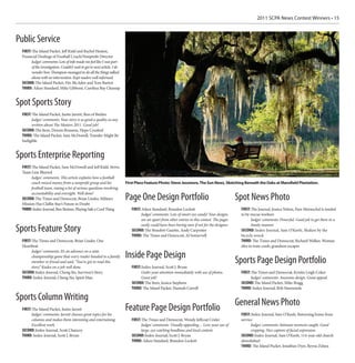 2011 SCPA News Contest Winners • 15



Public Service
 FIRST: The Island Packet, Jeff Kidd and Rachel Heaton,
 Financial Dealings of Football Coach/Nonprofit Director
       Judges’ comments: Lots of info made me feel like I was part
       of the investigation. Couldn’t wait to get to next article. I do
       wonder how Thompson managed to do all the things talked
       about with no intervention. Kept readers well-informed.
 SECOND: The Island Packet, Fitz McAden and Tom Barton
 THIRD: Aiken Standard, Mike Gibbons, Carolina Bay Cleanup


Spot Sports Story
 FIRST: The Island Packet, Justin Jarrett, Run of Birdies
       Judges’ comments: Your story is as good a quality as any
       written about The Masters 2011. Good job!
 SECOND: The Item, Dennis Brunson, Hope Crushed
 THIRD: The Island Packet, Sam McDowell, Transfer Might Be
 Ineligible


Sports Enterprise Reporting
 FIRST: The Island Packet, Sam McDowell and Jeff Kidd, Strive,
 Team Line Blurred
       Judges’ comments: This article explains how a football
       coach mixed money from a nonprofit group and his                   First Place Feature Photo: Steve Jessmore, The Sun News, Sketching Beneath the Oaks at Mansfield Plantation.
       football team, raising a lot of serious questions involving
       accountability and oversight. Well done!
 SECOND: The Times and Democrat, Brian Linder, Military                   Page One Design Portfolio                                              Spot News Photo
 Mission Has Claflin Star’s Future in Doubt
 THIRD: Index-Journal, Ben Breiner, Playing Safe a Cool Thing                FIRST: Aiken Standard, Brandon Lockett                               FIRST: The Journal, Jessica Nelms, Pam Moranchel is tended
                                                                                   Judges’ comments: Lots of smart eye candy! Your designs        to by rescue workers
                                                                                   are set apart from other entries in this contest. The pages           Judges’ comments: Powerful. Good job to get there in a
                                                                                   easily could have been boring ones if not for the designer.           timely manner.
Sports Feature Story                                                         SECOND: The Beaufort Gazette, Andy Carpenter                         SECOND: Index-Journal, Sam O’Keefe, Shaken by the
                                                                             THIRD: The Times and Democrat, Al Somervell                          bicycle wreck
 FIRST: The Times and Democrat, Brian Linder, One                                                                                                 THIRD: The Times and Democrat, Richard Walker, Woman
 Heartbeat                                                                                                                                        dies in train crash; grandson escapes
       Judges’ comments: It’s an advance on a state
       championship game that every reader handed to a family             Inside Page Design
       member or friend and said, “You’ve got to read this
       story.” Kudos on a job well done.                                     FIRST: Index-Journal, Scott J. Bryan
                                                                                                                                                 Sports Page Design Portfolio
 SECOND: Index-Journal, Cheng Sio, Survivor’s Story                                Grabs your attention immediately with use of photos.           FIRST: The Times and Democrat, Kristin Leigh Coker
 THIRD: Index-Journal, Cheng Sio, Spirit Man                                       Great job!                                                           Judges’ comments: Awesome design. Great appeal.
                                                                             SECOND: The Item, Jessica Stephens                                   SECOND: The Island Packet, Mike Bragg
                                                                             THIRD: The Island Packet, Hannah Carroll                             THIRD: Index-Journal, Bob Simmonds

Sports Column Writing
                                                                                                                                                 General News Photo
  FIRST: The Island Packet, Justin Jarrett                                Feature Page Design Portfolio                                           FIRST: Index-Journal, Sam O’Keefe, Returning home from
        Judges’ comments: Jarrett chooses great topics for his
        columns and makes them interesting and entertaining.                 FIRST: The Times and Democrat, Wendy Jeffcoat Crider                 service
        Excellent work.                                                            Judges’ comments: Visually appealing… Love your use of               Judges’ comments: Intimate moment caught. Good
  SECOND: Index-Journal, Scott Chancey                                             large, eye-catching headlines and local content.                     cropping. Nice capture of facial expression.
  THIRD: Index-Journal, Scott J. Bryan                                       SECOND: Index-Journal, Scott J. Bryan                                SECOND: Index-Journal, Sam O’Keefe, 114-year-old church
                                                                             THIRD: Aiken Standard, Brandon Lockett                               demolished
                                                                                                                                                  THIRD: The Island Packet, Jonathan Dyer, Reyna Zelaya
 