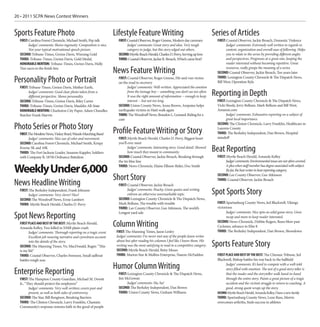 20 • 2011 SCPA News Contest Winners


Sports Feature Photo                                               Lifestyle Feature Writing                                             Series of Articles
  FIRST: Carolina Forest Chronicle, Michael Smith, Pep talk          FIRST: Coastal Observer, Roger Greene, Modern day cavemen             FIRST: Coastal Observer, Jackie Broach, Domestic Violence
         Judges’ comments: Shows ingenuity. Composition is nice.            Judges’ comments: Great story and idea. Very tough                   Judges’ comments: Extremely well written in regards to
         Not your typical motivational speech picture.                      category to judge, but this story edged out others.                  content, organization and overall ease of following. Helps
  SECOND: Tribune-Times, Gwinn Davis, Winning Gold                   SECOND: Myrtle Beach Herald, Charles D. Perry, Serving up love              you to relate to the series by providing different angles
  THIRD: Tribune-Times, Gwinn Davis, Gold Medal,                     THIRD: Coastal Observer, Jackie R. Broach, Which came first?                and perspectives. Progresses at a great rate, keeping the
  HONORABLE MENTION: Tribune-Times, Gwinn Davis, Holly                                                                                           reader interested without becoming repetitive. Great
                                                                                                                                                 resources, really grasps the meaning of a series.
  Tree races to the finish line
                                                                   News Feature Writing                                                    SECOND: Coastal Observer, Jackie Broach, Ten years later

Personality Photo or Portrait                                        FIRST: Coastal Observer, Roger Greene, Hit-and-run victim
                                                                     on the road to recovery
                                                                                                                                           THIRD: Lexington County Chronicle & The Dispatch News,
                                                                                                                                           Bill West, Operation Kyle
  FIRST: Tribune-Times, Gwinn Davis, Mother Earth,                         Judges’ comments: Well-written. Appreciated the emotion
        Judges’ comments: Good clear photo taken from a
        different perspective. Shows personality.
                                                                           from the teenage boy -- something you don’t see too often.
                                                                           It was the right amount of information -- enough to keep      Reporting in Depth
  SECOND: Tribune-Times, Gwinn Davis, Riley Carter                         interest -- but not too long.                                   FIRST: Lexington County Chronicle & The Dispatch News,
  THIRD: Tribune-Times, Gwinn Davis, Mauldin All-State               SECOND: Union County News, Anna Brown, Amputee helps                  Vicki Shealy, Jerry Bellune, Mark Bellune and Bill West,
  HONORABLE MENTION: Charleston City Paper, Adam Chandler,           earthquake victims in Haiti walk again                                Amazon.com
  Butcher Frank Marvin                                               THIRD: The Woodruff News, Brandon L. Leonard, Riding for a                  Judges’ comments: Exhaustive reporting on a subject of
                                                                     cure                                                                        great local importance.
                                                                                                                                           SECOND: The Clinton Chronicle, Larry Franklin, Healthcare in
Photo Series or Photo Story                                        Profile Feature Writing or Story                                        Laurens County
  FIRST: The Moultrie News, Vickey Boyd, Wando Marching Band                                                                               THIRD: The Berkeley Independent, Dan Brown, Hospital
         Judges’ comments: Nice use of color and movement.           FIRST: Myrtle Beach Herald, Charles D. Perry, Biggest heart           standoff
  SECOND: Carolina Forest Chronicle, Michael Smith, Krispy           you’ll ever meet
  Kreme 5K and 10K
  THIRD: The Fort Jackson Leader, Susanne Kappler, Soldiers
                                                                            Judges’ comments: Interesting story. Good detail. Showed
                                                                            how much they meant to community.                            Beat Reporting
  with Company B, 187th Ordnance Battalion                           SECOND: Coastal Observer, Jackie Broach, Breaking through             FIRST: Myrtle Beach Herald, Amanda Kelley
                                                                     the tin blue line                                                           Judges’ comments: Environmental issues are not often covered.

Weekly Under 6,000                                                   THIRD: News-Chronicle, Elaine Ellison-Rider, Doc Smith                      A plus when staff member has degree associated with subject.
                                                                                                                                                 By far, the best writer in beat reporting category.

                                                                   Short Story                                                             SECOND: Lee County Observer, Gee Atkinson
                                                                                                                                           THIRD: Coastal Observer, Jackie Broach
News Headline Writing                                                FIRST: Coastal Observer, Jackie Broach
  FIRST: The Berkeley Independent, Frank Johnson
        Judges’ comments: Very clever! Nice!
                                                                           Judges’ comments: Peachy, Great quotes and writing
                                                                           enliven an otherwise unremarkable topic.                      Spot Sports Story
  SECOND: The Woodruff News, Ernie Lambert                           SECOND: Lexington County Chronicle & The Dispatch News,
  THIRD: Myrtle Beach Herald, Charles D. Perry                       Mark Bellune, The trouble with trouble                                FIRST: Spartanburg County News, Jed Blackwell, Vikings
                                                                     THIRD: Lee County Observer, Gee Atkinson, The world’s                 victorious
                                                                     Longest yard sale                                                           Judges’ comments: Nice spin on solid game story. Gives
Spot News Reporting                                                                                                                              recap and more to keep reader interested.
  FIRST PLACE AND BEST OF THE BEST: Myrtle Beach Herald,
  Amanda Kelley, Two killed in NMB plane crash
                                                                   Column Writing                                                          SECOND: News-Chronicle, Debbie Rogers, Bears blow past
                                                                                                                                           Cyclones, advance to Elite 8
        Judges’ comments: Thorough reporting on a tragic event.     FIRST: The Manning Times, Jason Lesley                                 THIRD: The Berkeley Independent, Dan Brown, Showdown
        Excellent job weaving narrative and eyewitness account      Judges’ comments: I’ve never met any of the people Jason writes
                                                                    about but after reading his columns I feel like I know them. His
        into the details of the story.
  SECOND: The Manning Times, Vic MacDonald, Ragin: “This            writing was the most satisfying to read in a competitive category.   Sports Feature Story
  is my life”                                                       SECOND: Myrtle Beach Herald, Betty Moses
  THIRD: Coastal Observer, Charles Swenson, Small sailboat          THIRD: Marion Star & Mullins Enterprise, Naeem McFadden                FIRST PLACE AND BEST OF THE BEST: The Chesnee Tribune, Jed
  battles rough seas                                                                                                                       Blackwell, Bishop battles his way back to the ballfield

                                                                   Humor Column Writing                                                          Judges’ comments: It’s hard to compete with a well-told

Enterprise Reporting                                                 FIRST: Lexington County Chronicle & The Dispatch News,
                                                                                                                                                 story filled with emotion. The test of a good story teller is
                                                                                                                                                 that the reader and the storyteller walk hand-in-hand
  FIRST: The Hampton County Guardian, Michael M. Dewitt              Jim McGowan                                                                 through the entire story. Paints a great picture of a tragic
  Jr., “They should protect the employees”                                 Judges’ comments: Ha, ha!                                             accident and the victim’s struggle to return to coaching. A
         Judges’ comments: Very well-written; covers past and        SECOND: The Berkeley Independent, Dan Brown                                 good, strong quote wraps up the story.
         present, as well as both sides of controversy.              THIRD: Union County News, Graham Williams                             SECOND: Myrtle Beach Herald, Amanda Kelley, I have a new family
  SECOND: The Star, Bill Bengtson, Breaking Barriers                                                                                       THIRD: Spartanburg County News, Leon Russ, Morris
  THIRD: The Clinton Chronicle, Larry Franklin, Chastain:                                                                                  overcomes arthritis, finds success in athletes
  Community’s response restores faith in the good of people
 