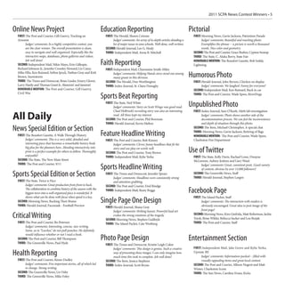 2011 SCPA News Contest Winners • 5


Online News Project                                                    Education Reporting                                                    Pictorial
  FIRST: The Post and Courier, Gill Guerry, Tracking an                 FIRST: The Herald, Shawn Cetrone                                        FIRST: Morning News, Gavin Jackson, Patriotism Parade
  Arsonist                                                                    Judges’ comments: An array of in-depth articles detailing a             Judges’ comments: Beautiful and touching photo.
        Judges’ comments: In a highly competitive contest, you                lot of major issues in area schools. Well-done, well-written.           Exemplifies the phrase -- a picture is worth a thousand
        are the clear winner. The overall presentation is clean,        SECOND: Herald-Journal, Lee G. Healy                                          words. Nice color and geometry.
        easy to navigate and well-organized. Especially like the        THIRD: Independent Mail, Anna B. Mitchell                               SECOND: The Post and Courier, Grace Beahm, Cypress Swamp
        interactive maps, databases, photo galleries and videos.                                                                                THIRD: The State, C. Aluka Berry, State Fair
        Job well done!
  SECOND: Independent Mail, Nikie Mayo, Erin Gillespie,                Faith Reporting                                                          HONORABLE MENTION: The Beaufort Gazette, Bob Sofaly,
                                                                                                                                                Lightning
  Richard Johnson Jr., Jennifer Crossley Howard, Liz Carey,             FIRST: Independent Mail, Charmaine Smith-Miles
  Mike Ellis, Ken Ruinard, Sefton Ipock, Nathan Gray and Kirk
  Brown, Snowstorm
                                                                              Judges’ comments: Helping Hands story stood out among
                                                                              many greats in this division.                                   Humorous Photo
  THIRD: The Times and Democrat, Brian Linder, Emery Glover,            SECOND: The Herald, Don Worthington                                     FIRST: Herald-Journal, John Byrum, Chicken on display
  Larry Hardy and Thomas Grant Jr., Slammin’ and Jammin’                THIRD: Index-Journal, St. Claire Donaghy                                      Judges’ comments: We laughed. Funny for everyone!
  HONORABLE MENTION: The Post and Courier, Gill Guerry,                                                                                         SECOND: Independent Mail, Ken Ruinard, Buck in car
  Civil War
                                                                       Sports Beat Reporting                                                    THIRD: The Post and Courier, Wade Spees, RiverDogs

                                                                        FIRST: The State, Neil White
                                                                              Judges’ comments: Story on Scott Wingo was good read.           Unpublished Photo
                                                                              Chad Holbrook’s recruiting story was also an interesting          FIRST: Index-Journal, Sam O’Keefe, Meth lab investigation

All Daily                                                                     read. All three kept my interest.
                                                                        SECOND: The Post and Courier, Phil Bowman
                                                                        THIRD: Herald-Journal, Kevin Melton
                                                                                                                                                      Judges’ comments: Photo shows another side of the
                                                                                                                                                      decontamination process. We can feel the inconvenience
                                                                                                                                                      and depth of situation through this photo.
News Special Edition or Section                                                                                                                 SECOND: The Item, Michael Christopher, A special chat

  FIRST: The Beaufort Gazette, A Walk Through History                  Feature Headline Writing                                                 THIRD: Morning News, Gavin Jackson, Retiring of flags
                                                                                                                                                HONORABLE MENTION: The Post and Courier, Wade Spees,
        Judges’ comments: This is a very solid, detailed and            FIRST: The Post and Courier, Bob Kinney                                 Charleston Fire Department
        interesting piece that becomes a remarkable history book              Judges’ comments: Clever, funny headlines that fit the
        big plus for the planners here...blending interactivity into
        print is a perfect example for others to follow. Thoroughly
        enjoyable!
                                                                              story and use play on words well.
                                                                        SECOND: The Post and Courier, Tony Brown                              Use of Twitter
                                                                        THIRD: Independent Mail, Kylie Yerka                                    FIRST: The State, Kelly Davis, Rachael Lowe, Dwayne
  SECOND: The State, The New Main Street                                                                                                        McLemore, Aubrey Jenkins and Gary Ward
  THIRD: The Post and Courier, 9/11
                                                                       Sports Headline Writing                                                        Judges’ comments: Great, consistent posts. Good variety
                                                                                                                                                      of content, obvious by over 13,000 followers!
Sports Special Edition or Section                                       FIRST: The Times and Democrat, Jennifer Spears
                                                                              Judges’ comments: Headlines were consistently strong
                                                                                                                                                SECOND: The Greenville News, Staff
                                                                                                                                                THIRD: Herald-Journal, Stephen Largen
  FIRST: The State, Twice is Nice                                             and attention-grabbing.
        Judges’ comments: Great production from front to back.          SECOND: The Post and Courier, Fred Rindge
        The collaboration to combine history of the season with the
        biggest news into a well-organized piece is wonderful. It
                                                                        THIRD: Independent Mail, Rusty Boggs                                  Facebook Page
        shows what can be done with focus when speed is a key.                                                                                  FIRST: The Island Packet, Staff
  SECOND: Morning News, Racking Their Brains
  THIRD: Herald-Journal, Facemask - Football Preview
                                                                       Single Page One Design                                                         Judges’ comments: The interaction with readers is
                                                                                                                                                      obviously encouraged. Great idea to post image of the
                                                                        FIRST: Herald-Journal, Shana Gray
                                                                              Judges’ comments: Striking layout. Powerful lead art                    front page!

Critical Writing                                                              evokes the strong emotions of the tragedy.
                                                                        SECOND: Morning News, Stephen Guilfoyle
                                                                                                                                                SECOND: Morning News, Kim Ginfrida, Matt Robertson, Jackie
                                                                                                                                                Torok, Brian Wilder, Rebecca Sucker and Lou Bezjak
  FIRST: The Post and Courier, Bo Petersen                              THIRD: The Island Packet, Cate Westberg                                 THIRD: The Post and Courier, Staff
        Judges’ comments: Interesting, concise, nice writing.
        Some, as in “Leeches,” do not pull punches. He definitely
        would influence whether or not I read a book.
  SECOND: The Post and Courier, Bill Thompson
  THIRD: The Greenville News, Paul Hyde
                                                                       Photo Page Design                                                      Entertainment Section
                                                                        FIRST: The Times and Democrat, Kristin Leigh Coker
                                                                              Judges’ comments: This design is genius. Such a creative          FIRST: Independent Mail, Jake Grove and Kylie Yerka,
Health Reporting                                                              way of presenting these images. I can only imagine how
                                                                              much time this took to complete. Job well done!
                                                                                                                                                Upstate BE
                                                                                                                                                      Judges’ comments: Information-packed -- filled with
  FIRST: The Post and Courier, Renee Dudley                             SECOND: The Item, Jessica Stephens                                            visually-appealing items and great local content.
        Judges’ comments: Five important stories, all of which led      THIRD: Index-Journal, Scott Bryan                                       SECOND: The Post and Courier, Allison Nugent and Matt
        to change. Strong writing.                                                                                                              Winter, Charleston Scene
  SECOND: The Greenville News, Liv Osby                                                                                                         THIRD: The Sun News, Caroline Evans, Kicks
  THIRD: The Greenville News, Mike Foley
 