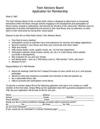 TAB Membership Application & Rules Form Examples