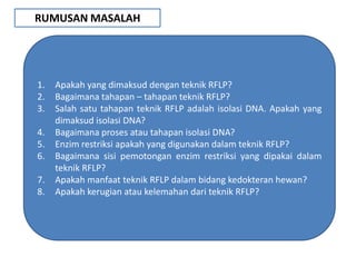 RUMUSAN MASALAH




1.   Apakah yang dimaksud dengan teknik RFLP?
2.   Bagaimana tahapan – tahapan teknik RFLP?
3.   Salah satu tahapan teknik RFLP adalah isolasi DNA. Apakah yang
     dimaksud isolasi DNA?
4.   Bagaimana proses atau tahapan isolasi DNA?
5.   Enzim restriksi apakah yang digunakan dalam teknik RFLP?
6.   Bagaimana sisi pemotongan enzim restriksi yang dipakai dalam
     teknik RFLP?
7.   Apakah manfaat teknik RFLP dalam bidang kedokteran hewan?
8.   Apakah kerugian atau kelemahan dari teknik RFLP?
 