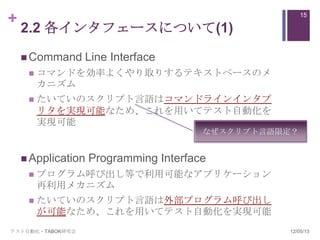 +                                                      15

    2.2 各インタフェースについて(1)
     Command     Line Interface
        コマンドを効率よくやり取りするテキストベースのメ
         カニズム
        たいていのスクリプト言語はコマンドラインインタプ
         リタを実現可能なため、これを用いてテスト自動化を
         実現可能
                                        なぜスクリプト言語限定？


     Application   Programming Interface
        プログラム呼び出し等で利用可能なアプリケーション
         再利用メカニズム
        たいていのスクリプト言語は外部プログラム呼び出し
         が可能なため、これを用いてテスト自動化を実現可能
テスト自動化・TABOK研究会                                   12/05/13
 