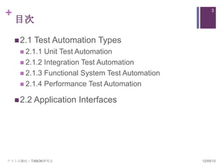 +                                                     3

    目次

     2.1   Test Automation Types
      2.1.1 Unit Test Automation
      2.1.2 Integration Test Automation
      2.1.3 Functional System Test Automation
      2.1.4 Performance Test Automation

     2.2 Application   Interfaces




テスト自動化・TABOK研究会                                  12/05/13
 