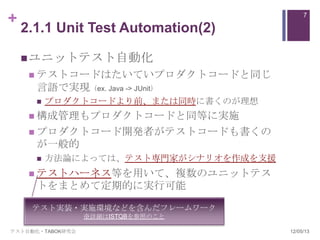 +                                           7

    2.1.1 Unit Test Automation(2)

     ユニットテスト自動化
      テストコードはたいていプロダクトコードと同じ
      言語で実現（ex. Java -> JUnit）
         プロダクトコードより前、または同時に書くのが理想
      構成管理もプロダクトコードと同等に実施
      プロダクトコード開発者がテストコードも書くの
      が一般的
         方法論によっては、テスト専門家がシナリオを作成を支援
      テストハーネス等を用いて、複数のユニットテス
      トをまとめて定期的に実行可能

     テスト実装・実施環境などを含んだフレームワーク
                  ※詳細はISTQBを参照のこと

テスト自動化・TABOK研究会                        12/05/13
 
