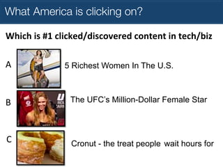 What America is clicking on?
Which	
  is	
  #1	
  clicked/discovered	
  content	
  in	
  tech/biz	
  
A	
  

5 Richest Women In The U.S.

B	
  

The UFC’s Million-Dollar Female Star

C	
  

Cronut - the treat people wait hours for

 