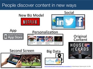 People discover content in new ways
Social	
  

New	
  Biz	
  Model	
  
App	
  

PersonalizaKon	
  	
  

Second	
  Screen	
  

Original	
  
Content	
  

Big	
  Data	
  

Third	
  of	
  millennials	
  watch	
  mostly	
  online	
  video	
  o	
  no	
  broadcast	
  TV,	
  Andrew	
  Beaujon,	
  Poynter.org,	
  Oct.	
  10,	
  2013	
  

 