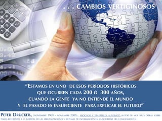 “ESTAMOS EN UNO DE ESOS PERÍODOS HISTÓRICOS
QUE OCURREN CADA 200 Ó 300 AÑOS,
CUANDO LA GENTE YA NO ENTIENDE EL MUNDO
Y EL PASADO ES INSUFICIENTE PARA EXPLICAR EL FUTURO”
PETER DRUCKER., (NOVIEMBRE 1909 – NOVIEMBRE 2005)., ABOGADO Y TRATADISTA AUSTRIACO AUTOR DE MÚLTIPLES OBRAS SOBRE
TEMAS REFERENTES A LA GESTIÓN DE LAS ORGANIZACIONES Y SISTEMAS DE INFORMACIÓN EN LA SOCIEDAD DEL CONOCIMIENTO.
. . . CAMBIOS VERTIGINOSOS
 