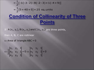 If are three points,
then A, B, C are collinear
1 1 2 2 3 3
A (x , y ), B (x , y ) and C (x , y )
1 1 1 1
2 2 2 2
3 3 3 3
...