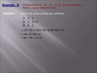 If the points (x, -2) , (5, 2), (8, 8) are collinear,
find x , using determinants.
Solution :
x -2 1
5 2 1 =0
8 8 1

      
x 2-8 - -2 5-8 +1 40-16 =0

-6x-6+24=0

6x=18 x=3
 
Since the given points are collinear.
 