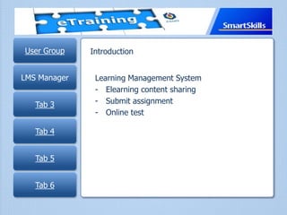 User Group
LMS Manager
Tab 3
Tab 4
Tab 5
Tab 6
Introduction
Learning Management System
- Elearning content sharing
- Submit assignment
- Online test
 