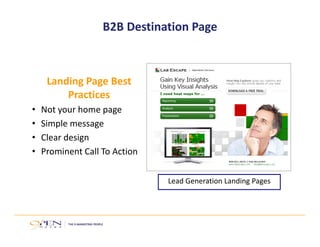 B2B Destination Page 
Landing Page Best 
Practices 
• Not your home page 
• Simple message 
• Clear design 
• Prominent Call To Action 
Lead Generation Landing Pages 
 