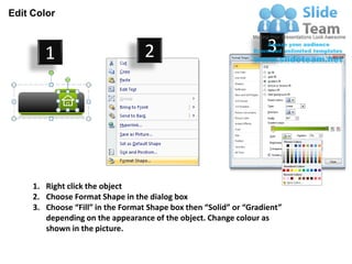 Edit Color



        1                          2                                3




     1. Right click the object
     2. Choose Format Shape in the dialog box
     3. Choose “Fill” in the Format Shape box then “Solid” or “Gradient”
        depending on the appearance of the object. Change colour as
        shown in the picture.
 
