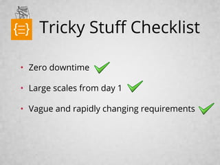 Tricky Stuff Checklist
• Zero downtime
• Large scales from day 1
• Vague and rapidly changing requirements
text
 