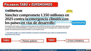 Palabras TABÚ y EUFEMISMOS
TABÚ
EUFEMISMO
Países pobres TABÚ Crisis climática
Pep Hernández
EL TEXTO Y SUS CARACTERÍSTICAS...