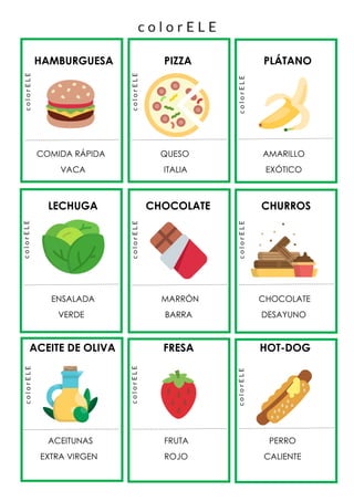 HAMBURGUESA PIZZA PLÁTANO
COMIDA RÁPIDA QUESO AMARILLO
VACA ITALIA EXÓTICO
LECHUGA CHOCOLATE CHURROS
ENSALADA MARRÓN CHOCOLATE
VERDE BARRA DESAYUNO
ACEITE DE OLIVA FRESA HOT-DOG
ACEITUNAS FRUTA PERRO
EXTRA VIRGEN ROJO CALIENTE