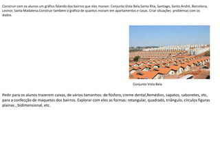 Construir com os alunos um gráfico falando dos bairros que eles moram: Conjunto Vista Bela,Santa Rita, Santiago, Santo André, Barcelona,
Leonor, Santa Madalena.Construir também o gráfico de quantos moram em apartamentos e casas. Criar situações problemas com os
dados.
Pedir para os alunos trazerem caixas, de vários tamanhos: de fósforo, creme dental,Remédios, sapatos, sabonetes, etc,
para a confecção de maquetes dos bairros. Explorar com eles as formas: retangular, quadrado, triângulo, círculos figuras
plainas , bidimensional, etc.
Conjunto Vista Bela
 