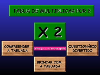 TÁBUA DE MULTIPLICAR POR 2TÁBUA DE MULTIPLICAR POR 2TÁBUA DE MULTIPLICAR POR 2TÁBUA DE MULTIPLICAR POR 2
COMPREENDERCOMPREENDER
A TABUADAA TABUADA
COMPREENDERCOMPREENDER
A TABUADAA TABUADA
X 2X 2X 2X 2
Clica (Clica (com ocom o ratorato) na tua opção) na tua opção
BRINCAR COMBRINCAR COM
A TABUADAA TABUADA
BRINCAR COMBRINCAR COM
A TABUADAA TABUADA
QUESTIONÁRIOQUESTIONÁRIO
DIVERTIDODIVERTIDO
QUESTIONÁRIOQUESTIONÁRIO
DIVERTIDODIVERTIDO
 
