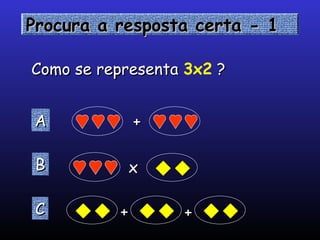 Procura a resposta certa - 1Procura a resposta certa - 1Procura a resposta certa - 1Procura a resposta certa - 1
Como se representaComo se representa 3x2 ??
AAAA
BBBB
CCCC
xx
++ ++
++
 