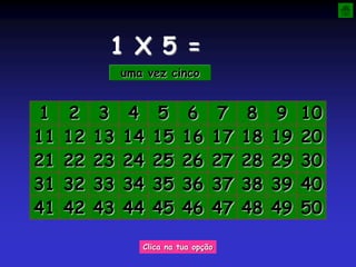 1 X 5 =
1
uma vez cinco
2 3 4 5 6 7 8 9 10
11 12 13 14 15 16 17 18 19 20
21 22 23 24 25 26 27 28 29 30
31 32 33 34 35 36 37 38 39 40
41 42 43 44 45 46 47 48 49 50
Clica na tua opção
 