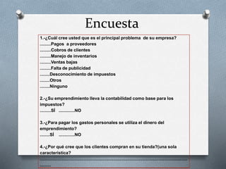 Encuesta
1.-¿Cuál cree usted que es el principal problema de su empresa?
.........Pagos a proveedores
.........Cobros de clientes
.........Manejo de inventarios
.........Ventas bajas
.........Falta de publicidad
........Desconocimiento de impuestos
........Otros
........Ninguno
2.-¿Su emprendimiento lleva la contabilidad como base para los
impuestos?
.........SÍ .............NO
3.-¿Para pagar los gastos personales se utiliza el dinero del
emprendimiento?
........SÍ .............NO
4.-¿Por qué cree que los clientes compran en su tienda?(una sola
característica?
.........................................................................................................................
.........
 