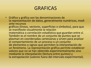 GRAFICAS
• Gráfico y gráfica son las denominaciones de
la representación de datos, generalmente numéricos, medi
ante recursos
gráficos (líneas, vectores, superficies o símbolos), para que
se manifieste visualmente la relación
matemática o correlación estadística que guardan entre sí.
También es el nombre de un conjunto de puntos que se
plasman en coordenadas cartesianas y sirven para analizar
el comportamiento de un proceso o un conjunto
de elementos o signos que permiten la interpretación de
un fenómeno. La representación gráfica permite establecer
valores que no se han obtenido experimentalmente sino
mediante la interpolación (lectura entre puntos) y
la extrapolación (valores fuera del intervalo experimental).
 