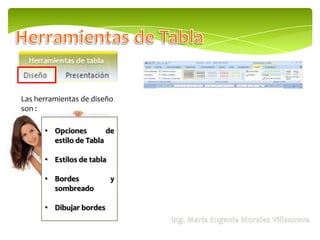 Las herramientas de diseño
son :

      • Opciones        de
        estilo de Tabla

      • Estilos de tabla

      • Bordes             y
        sombreado

      • Dibujar bordes
 