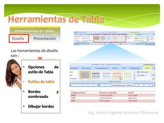 Las herramientas de diseño
son :

      • Opciones        de
        estilo de Tabla



      • Bordes           y
        sombreado

      • Dibujar bordes
 