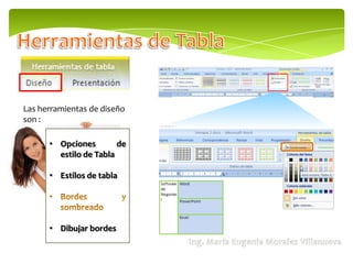 Las herramientas de diseño
son :

      • Opciones        de
        estilo de Tabla

      • Estilos de tabla




      • Dibujar bordes
 
