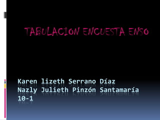 TABULACION ENCUESTA ENSO

Karen lizeth Serrano Díaz
Nazly Julieth Pinzón Santamaría
10-1

 