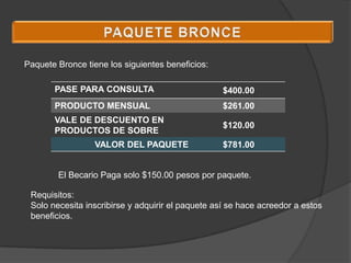 Paquete Bronce tiene los siguientes beneficios:

       PASE PARA CONSULTA                          $400.00
       PRODUCTO MENSUAL                            $261.00
       VALE DE DESCUENTO EN
                                                   $120.00
       PRODUCTOS DE SOBRE
                  VALOR DEL PAQUETE                $781.00


        El Becario Paga solo $150.00 pesos por paquete.

 Requisitos:
 Solo necesita inscribirse y adquirir el paquete así se hace acreedor a estos
 beneficios.
 