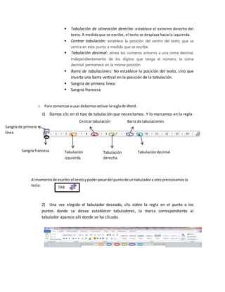 TAB
 Tabulación de alineación derecha: establece el extremo derecho del
texto. A medida que se escribe, el texto se desplaza hacia la izquierda.
 Centrar tabulación: establece la posición del centro del texto, que se
centra en este punto a medida que se escribe.
 Tabulación decimal: alinea los números entorno a una coma decimal.
Independientemente de los dígitos que tenga el número, la coma
decimal permanece en la misma posición
 Barra de tabulaciones: No establece la posición del texto, sino que
inserta una barra vertical en la posición de la tabulación.
 Sangría de primera línea:
 Sangría francesa
o Para comenzara usar debemosactivarlareglade Word.
1) Damos clic en el tipo de tabulación que necesitamos. Y lo marcamos en la regla
Al momentode escribirel textoy poderpasardel puntode un tabuladora otro presionamosla
tecla:
2) Una vez elegido el tabulador deseado, clic sobre la regla en el punto o los
puntos donde se desee establecer tabuladores, la marca correspondiente al
tabulador aparece allí donde se ha clicado.
Tabulación
derecha.
Barra de tabulaciones
Tabulacióndecimal
Centrartabulación
Tabulación
izquierda
Sangría de primera
línea
Sangría francesa
 