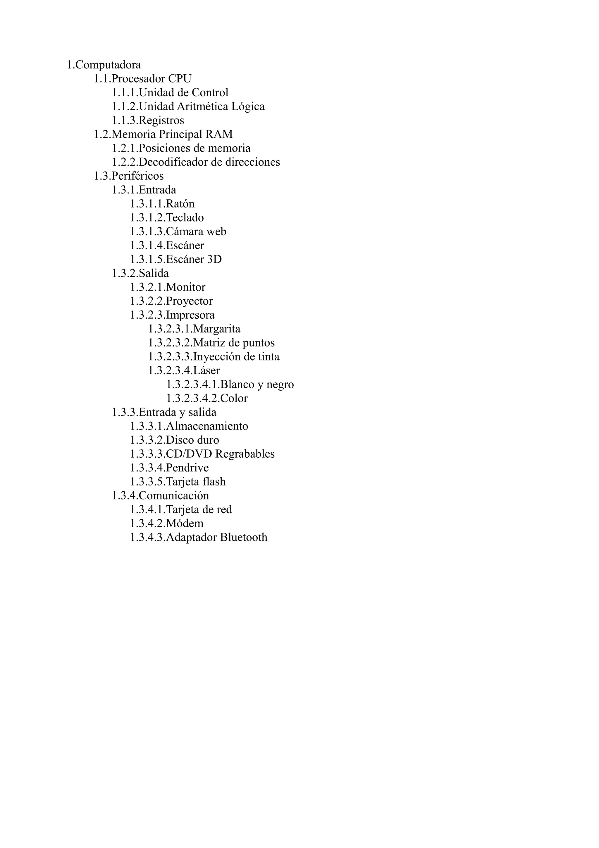 1.Computadora
1.1.Procesador CPU
1.1.1.Unidad de Control
1.1.2.Unidad Aritmética Lógica
1.1.3.Registros
1.2.Memoria Principal RAM
1.2.1.Posiciones de memoria
1.2.2.Decodificador de direcciones
1.3.Periféricos
1.3.1.Entrada
1.3.1.1.Ratón
1.3.1.2.Teclado
1.3.1.3.Cámara web
1.3.1.4.Escáner
1.3.1.5.Escáner 3D
1.3.2.Salida
1.3.2.1.Monitor
1.3.2.2.Proyector
1.3.2.3.Impresora
1.3.2.3.1.Margarita
1.3.2.3.2.Matriz de puntos
1.3.2.3.3.Inyección de tinta
1.3.2.3.4.Láser
1.3.2.3.4.1.Blanco y negro
1.3.2.3.4.2.Color
1.3.3.Entrada y salida
1.3.3.1.Almacenamiento
1.3.3.2.Disco duro
1.3.3.3.CD/DVD Regrabables
1.3.3.4.Pendrive
1.3.3.5.Tarjeta flash
1.3.4.Comunicación
1.3.4.1.Tarjeta de red
1.3.4.2.Módem
1.3.4.3.Adaptador Bluetooth